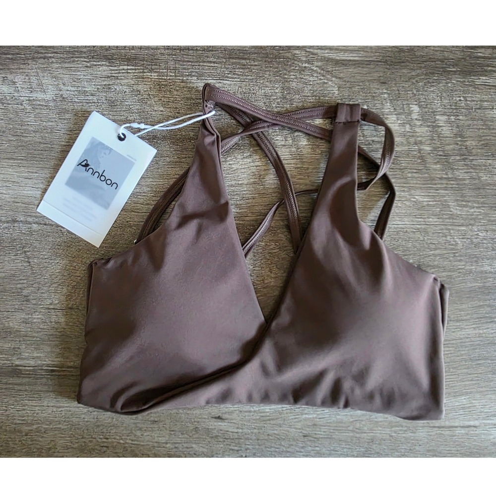 Annbon Women Triangle Bikini Top Padded Sports Bra Crisscross Back Brown XS